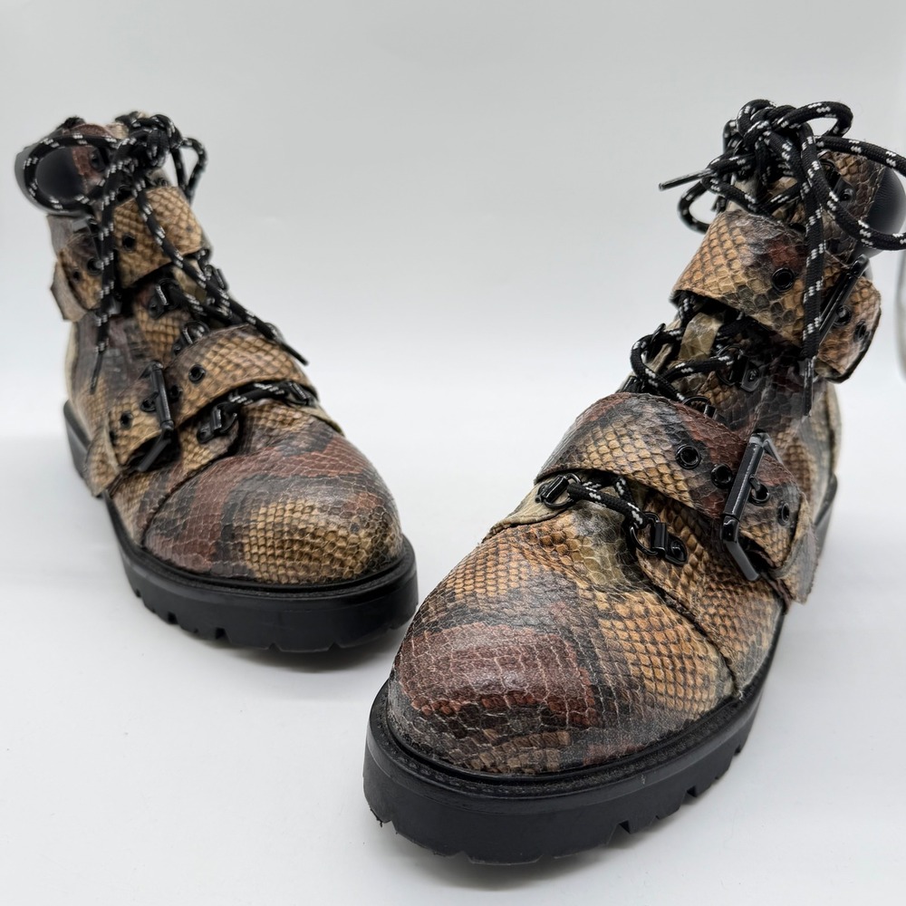 ASOS Womens Snakeskin Print Combat Boots Brown Lug Sole Buckle Side Zip Size 6